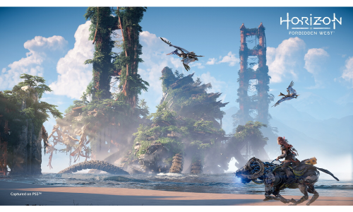 Aloy in sella a una macchina sulla costa di un'America futuristica