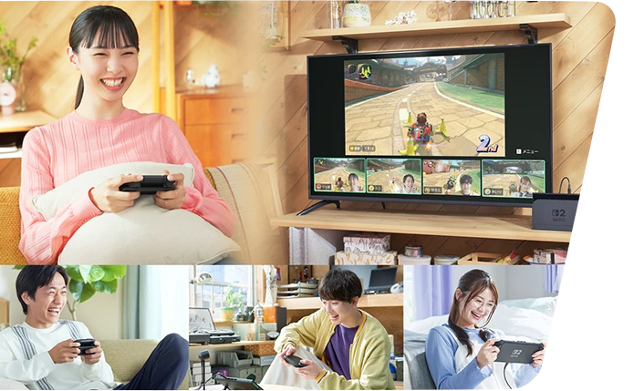 Persone che si divertono giocando a Mario Kart World su Nintendo Switch 2